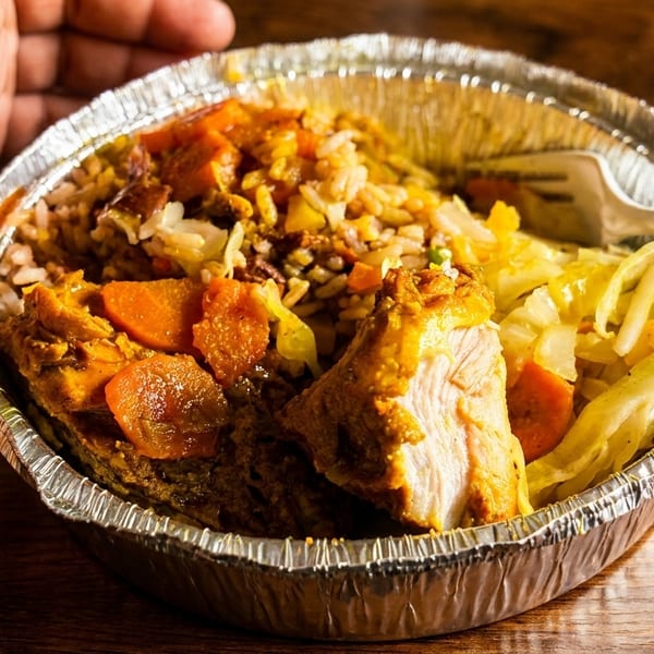 Curried chicken, rice, and cabbage in a foil takeout container with a white plastic fork.