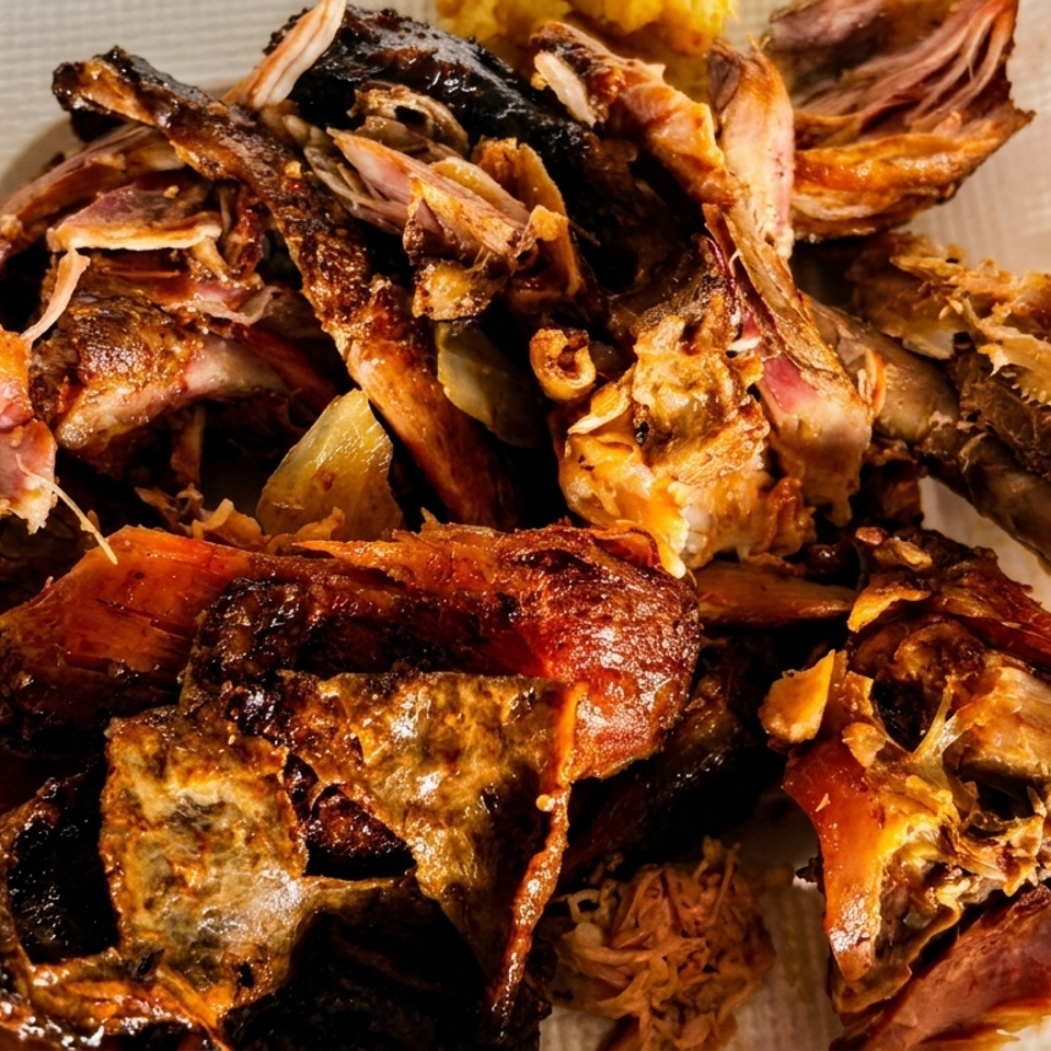 Close-up of a pile of cooked, shredded meat and bones on a white plate.