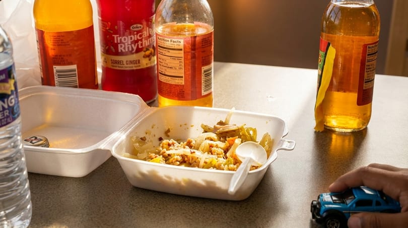 Half-eaten takeout meal in a styrofoam container with bottles of drinks and a toy car.