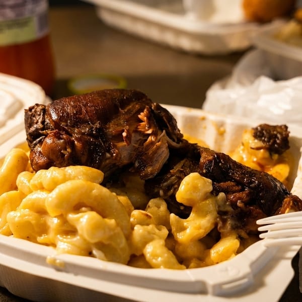 Takeout container with mac and cheese and a large piece of roasted meat, with a fork.
